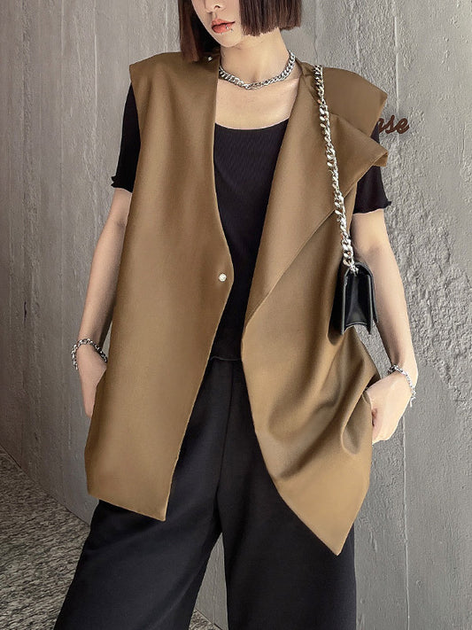 Urban Irregular Solid Color Buttoned Round-Neck Sleeveless Vest Outwear