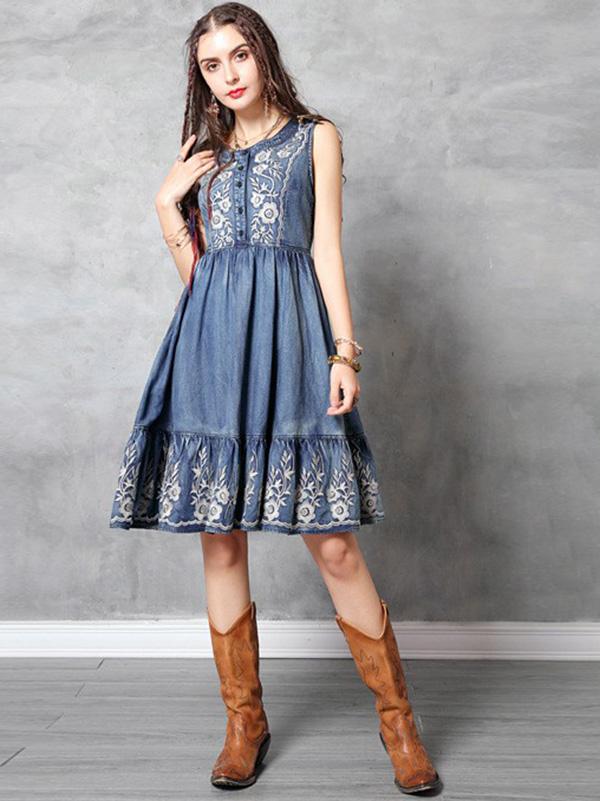2019 Summer New Vintage Embroidery Falbala  Dress