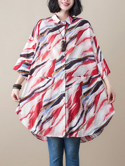 Artistic Retro Contrast Color Printed Split-Joint Blouse