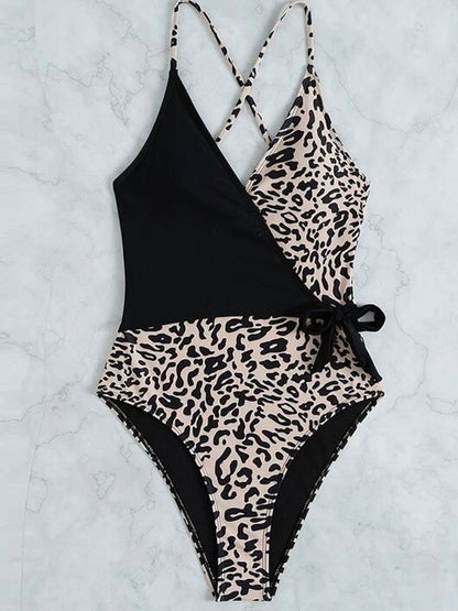 Contrast Color Leopard Tie Side One-Piece Swimsuit