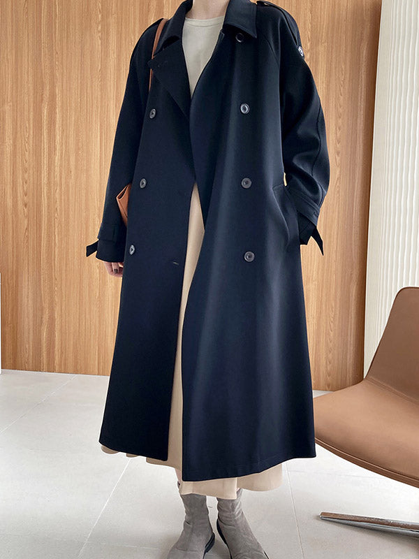 Chic Solid Color Buttoned Tied Notched Collar Long Sleeves Trench Coat
