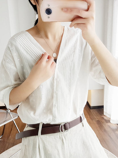 Simple Solid Color Buttoned V-Neck Short Sleeves Blouse