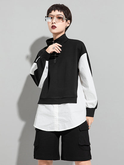 Stylish Split-Joint False Two Long Sleeves Zipper Stand Collar T-Shirt