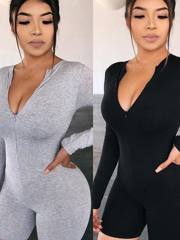 Sexy Wrap Long Sleeves Solid Zipper Rompers
