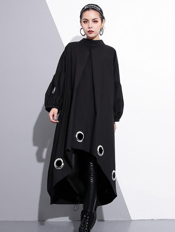 Black Loose High-low Hollow A-line Dress