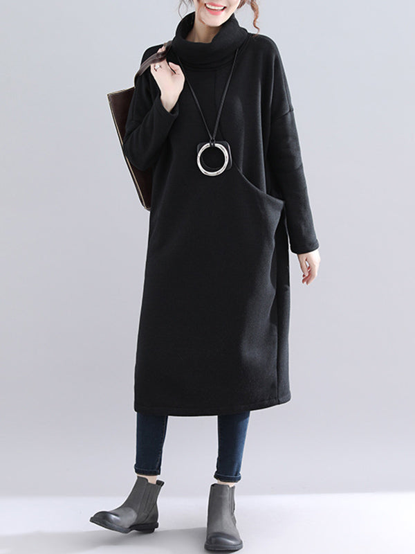 Simple Solid Color With Pocket High-Neck Long Sleeves Sweatshirt Dress