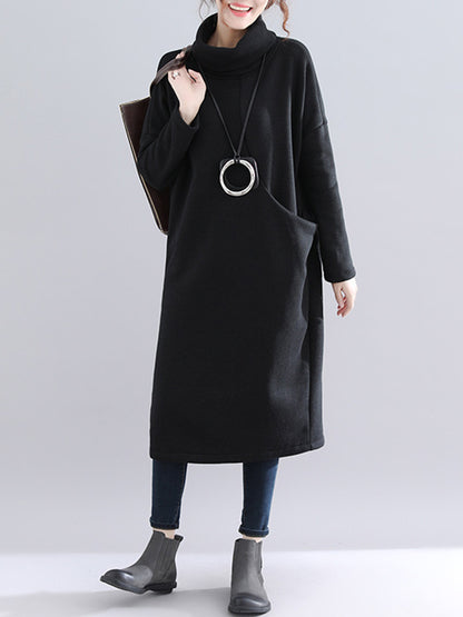 Simple Solid Color With Pocket High-Neck Long Sleeves Sweatshirt Dress