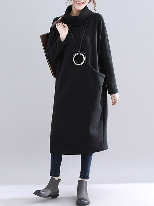 Simple Solid Color With Pocket High-Neck Long Sleeves Sweatshirt Dress