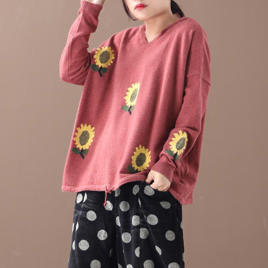 Buykud Casual Floral Printed Loose Knitted Hoodie