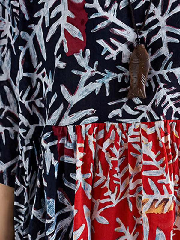 Original Printing Split-Joint Half Sleeve Midi Dress