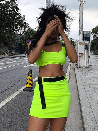 Buckle Cropped Tanks And Skirts Sport Suits
