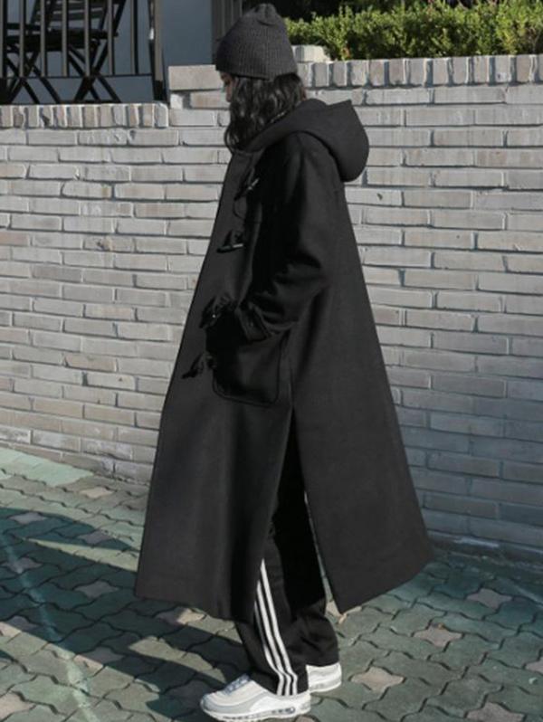 Black Button Split-side Long Overcoat