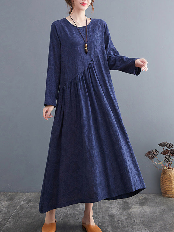 Casual Simple Solid Color Pleated Round-Neck Long Sleeves Midi Dress