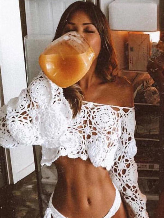 Knitted Bohemia White Long Sleeves Blouses&shirts Tops