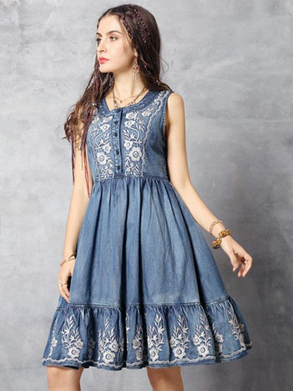 2019 Summer New Vintage Embroidery Falbala  Dress
