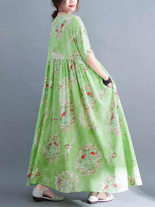 Loose Artistic Loose Floral Printed Pleated Midi Dress