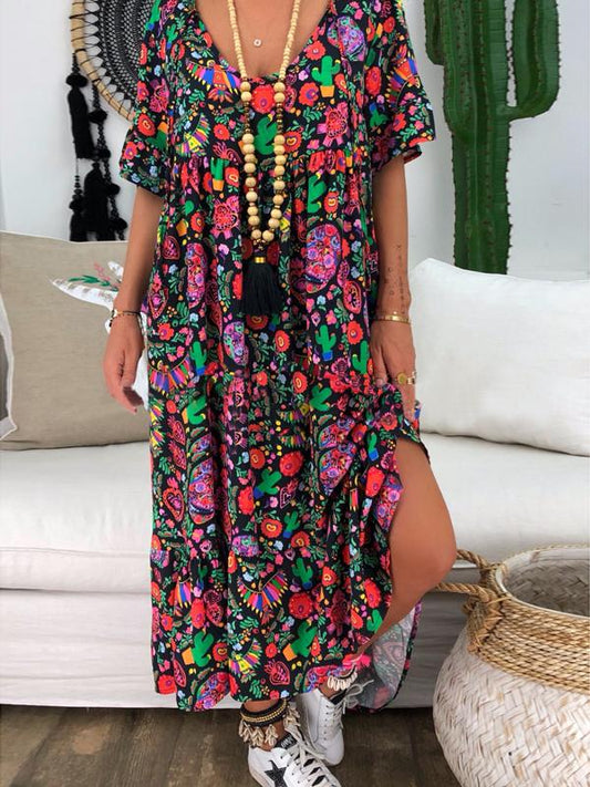 Loose Printed Round Neck Maxi Dress