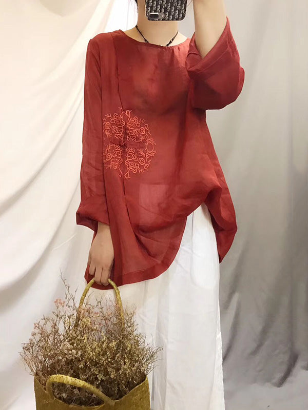 Vintage Ramie Cotton Embroidered Round-Neck T-Shirt Tops