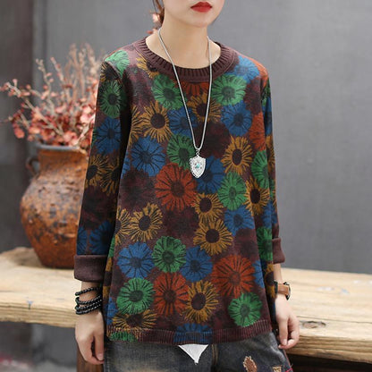 Buykud Casual Retro Floral Printed O-neck Knitted Shirt