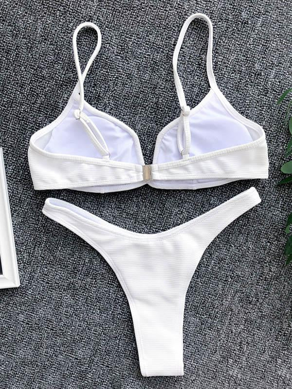 V-Neck Solid Color Split Bikini Swimsuit
