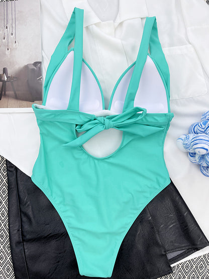 Solid Color V-Neck Backless One-Piece Swimsuit