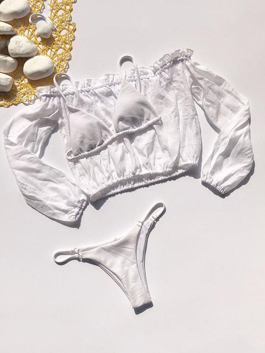 Solid Color Long Sleeves Three Piece Bikini Swimsuit