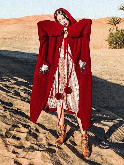 Loose Burgundy Vintage Pompom Triming Wind Coat Outwear