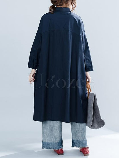 Navy-blue Loose Lapel Cat Print Blouse Dress