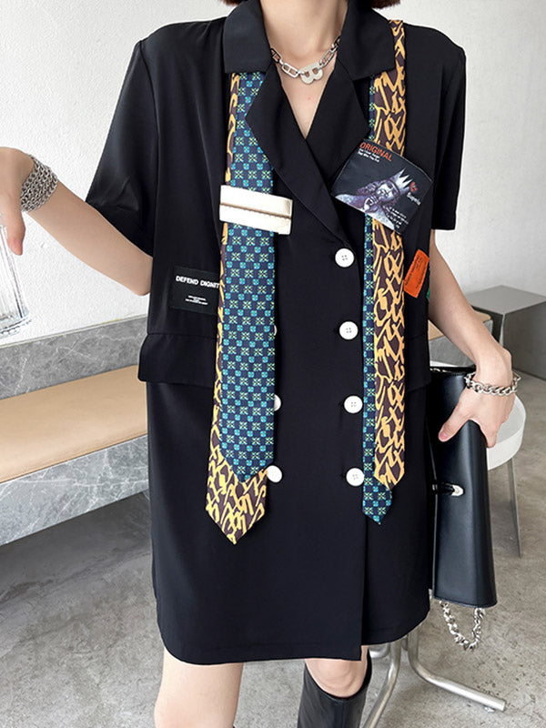 Stylish Buttoned Tie Split-Joint With Pocket Applique Notched Collar Short Sleeves Mini Shirt Dress