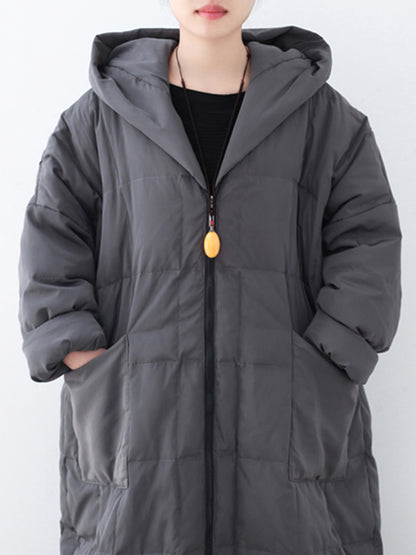 Simple White Duck Down Over Knee Solid Color Zipper Hooded Down Wear Coat