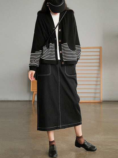 Casual Striped Buttoned V-Neck Batwing Sleeve Outerwear