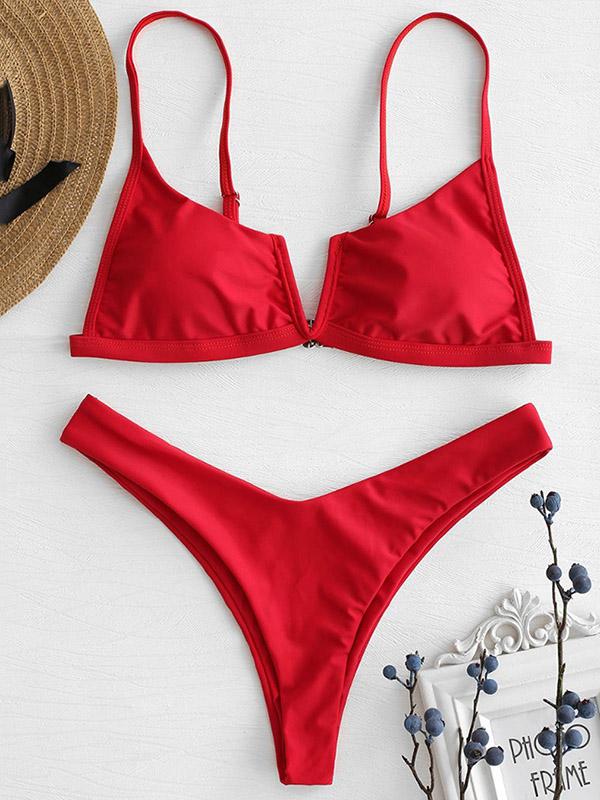 V-Neck Solid Color Bikini Swimsuit