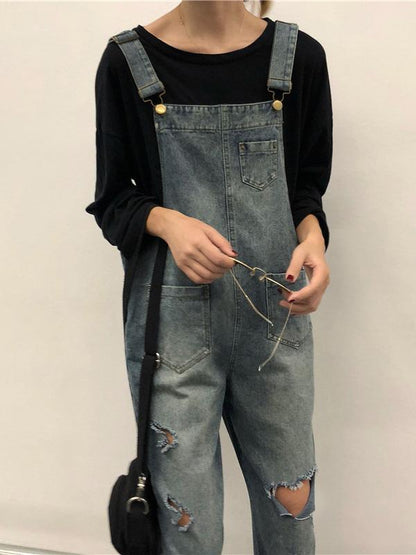 LOOSE DENIM BLUE HOLLOW JUMPSUITS