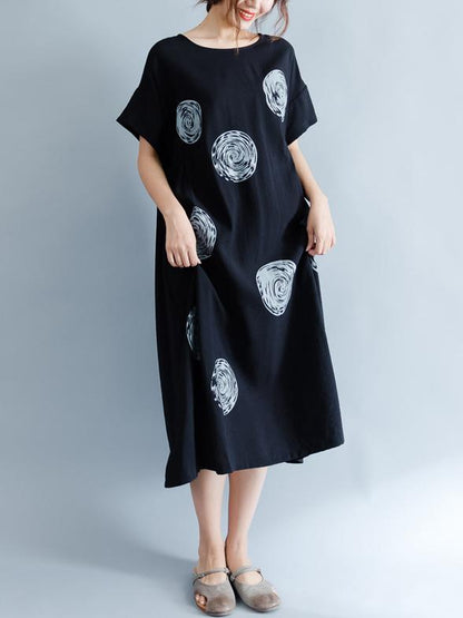 Black Polka-Dot Print Round-neck Midi Dress