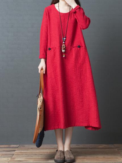 Red&Black Loose Round-neck Ramie Cotton Linen Dress
