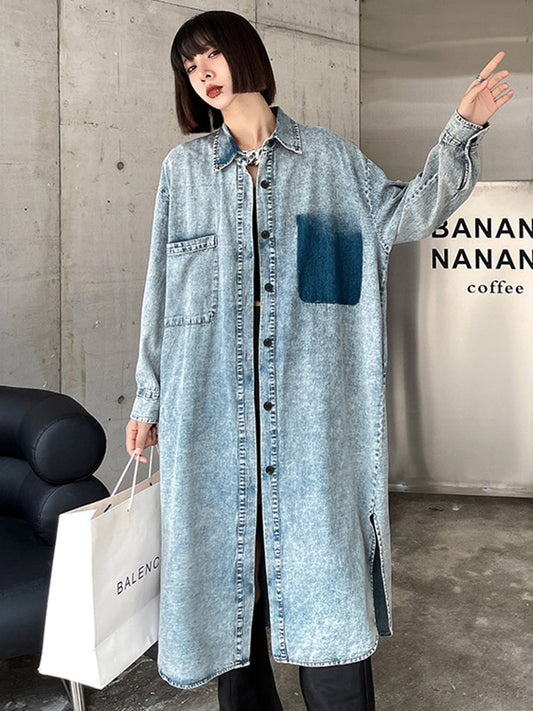 Simple Cool Raw Denim Split-Side Split-Joint With Pocket Buttoned Lapel Collar Long Sleeves Midi Shirt Dress