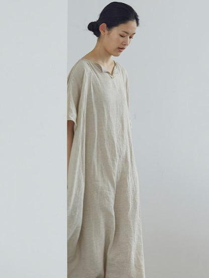 Loose Linen Apricot Split-side Ramie Long Dress