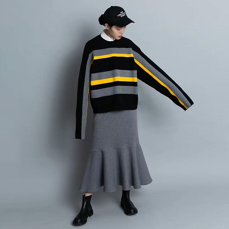 Elastic Waist Ruffles Winter Calf Length Skirt