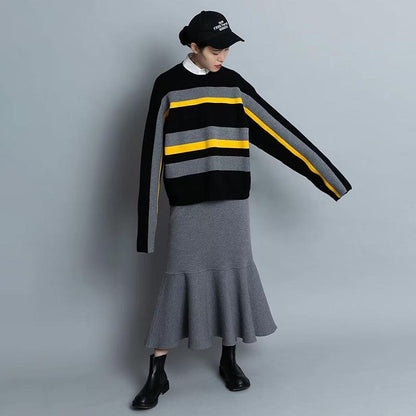 Elastic Waist Ruffles Winter Calf Length Skirt