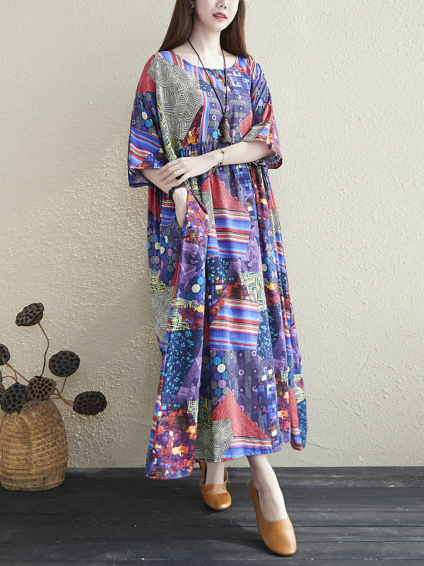 Loose Floral Printed Pleated Round-Neck Half Sleeves Midi Dress