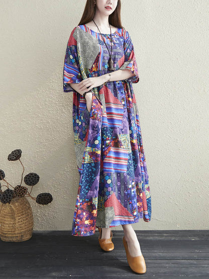 Loose Floral Printed Pleated Round-Neck Half Sleeves Midi Dress