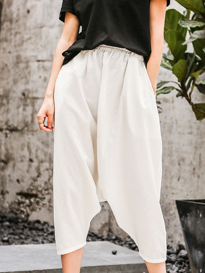 Casual Loose Ramie Cotton Solid Color Elasticity Waist Wide Legs Harem Pants