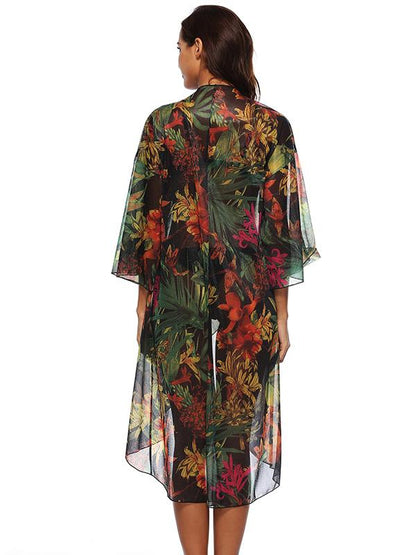 Chiffon Flared Sleeves Printed Cover-Ups