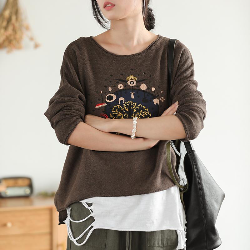Buykud Casual Loose Embroidery Cartoon Pullover Blouse