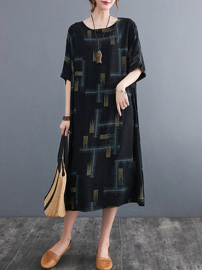 Artistic Retro Loose Striped Printed Contrast Color Midi Dress