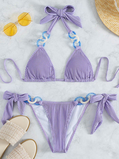 Triangle Tie-Side Solid Color Decoration Bikini Swimwear