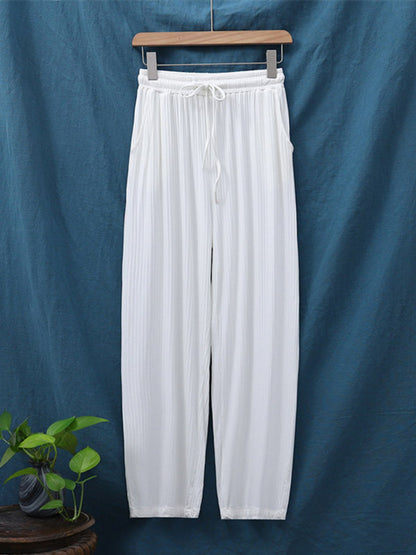 Casual Loose Solid Color Round-Neck Half Sleeves T-Shirt&Drawstring Pleated Wide Legs Pants 2 Pieces Set