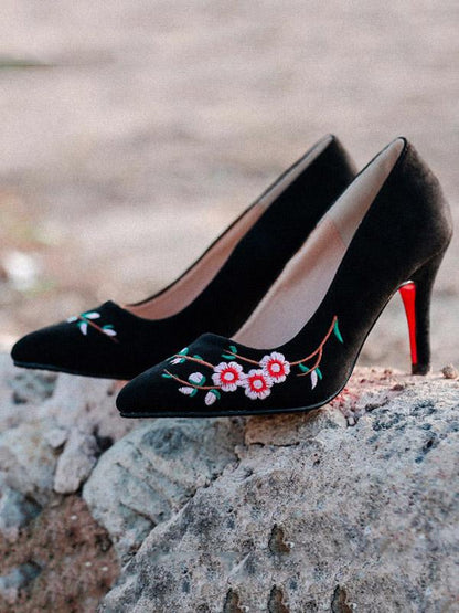 Pretty Embroidered Floral High Heels