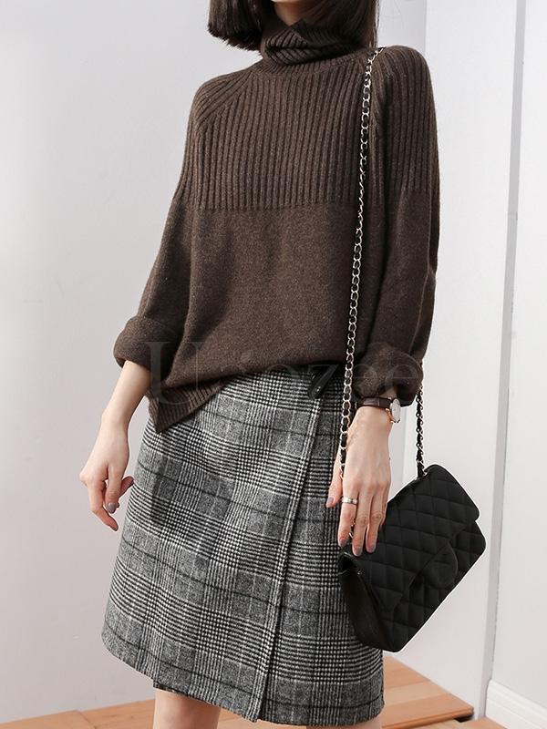 Loose High-neck High-low Solid Casual Sweater