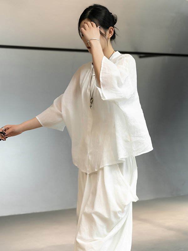 Linen Black&White Round-Neck Flared Sleeves T-Shirt